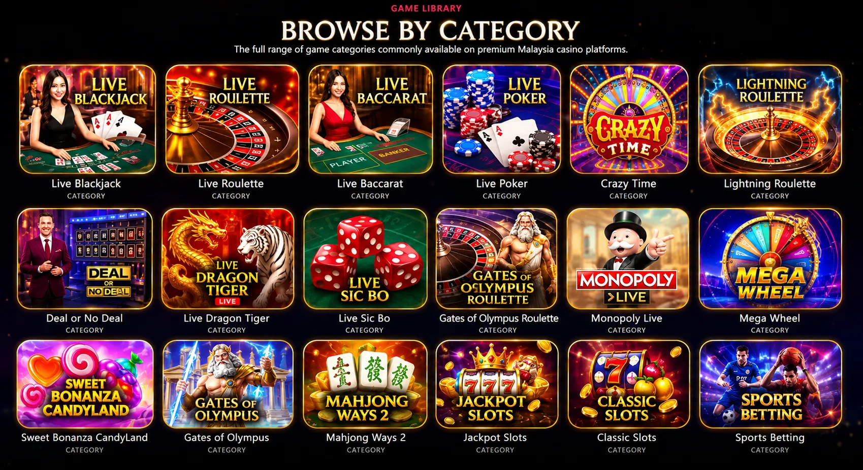 Browse by category game gallery featuring live casino, slots, game shows, and sports betting